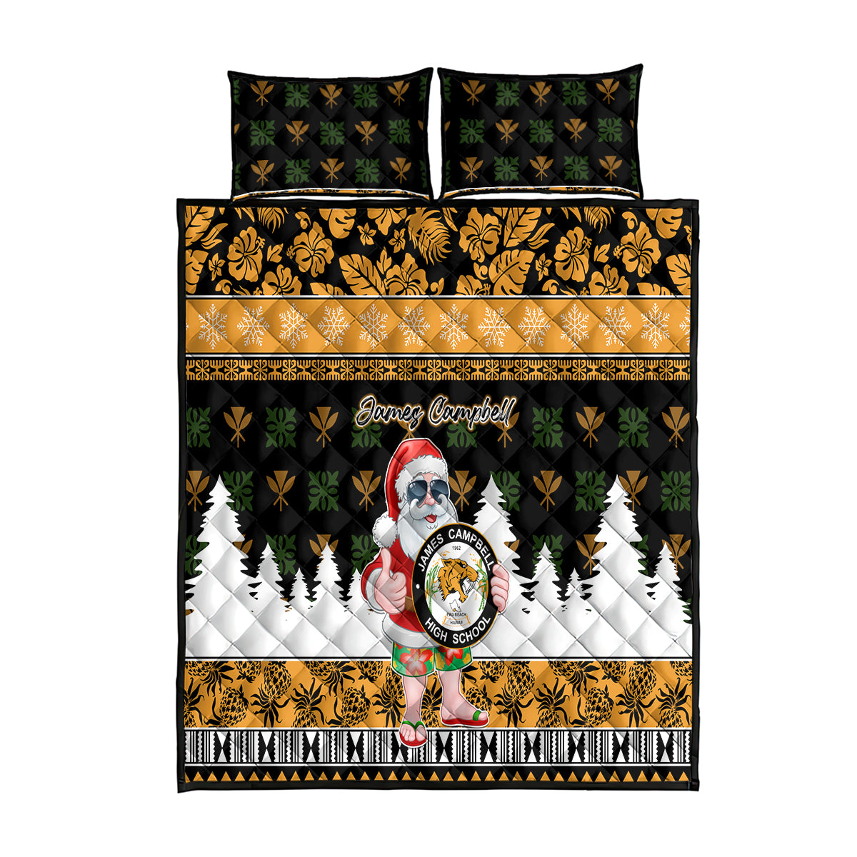 Custom Hawaii James Campbell High School Christmas Quilt Bed Set Tropical Santa Claus LT05 Black - Polynesian Pride