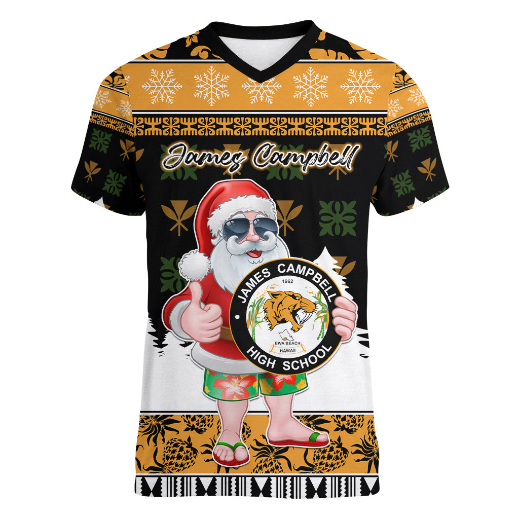 Custom Hawaii James Campbell High School Christmas Women V Neck T Shirt Tropical Santa Claus LT05 Female Black - Polynesian Pride