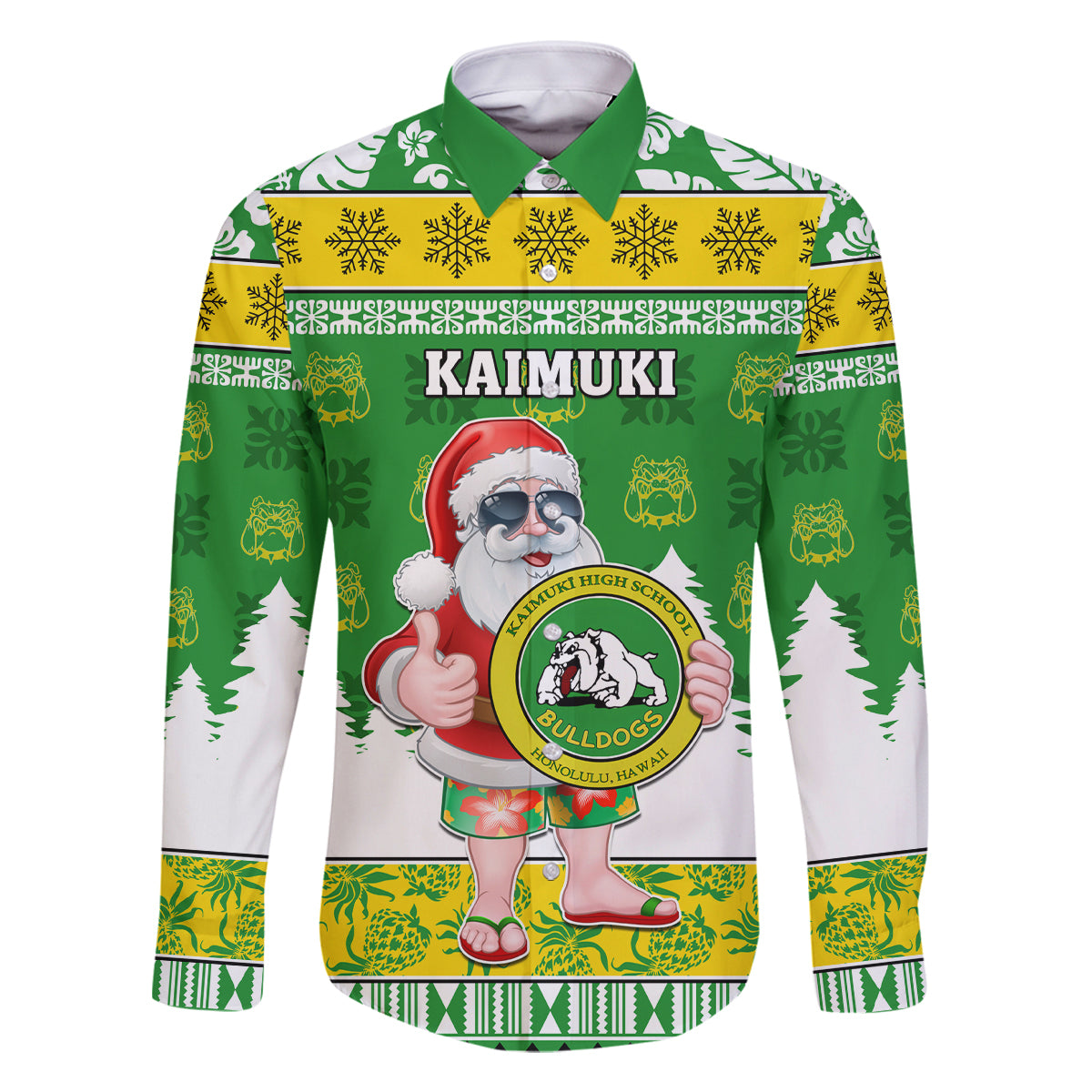 Custom Hawaii Kaimuki High School Christmas Family Matching Mermaid Dress and Hawaiian Shirt Tropical Santa Claus LT05 Dad's Shirt - Long Sleeve Green - Polynesian Pride