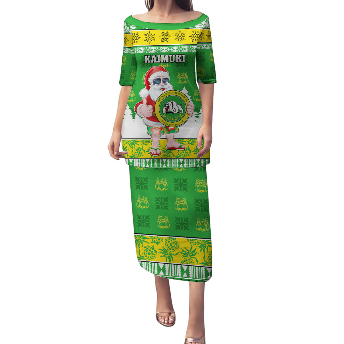 Custom Hawaii Kaimuki High School Christmas Family Matching Puletasi Dress and Hawaiian Shirt Tropical Santa Claus LT05 Mom's Dress Green - Polynesian Pride