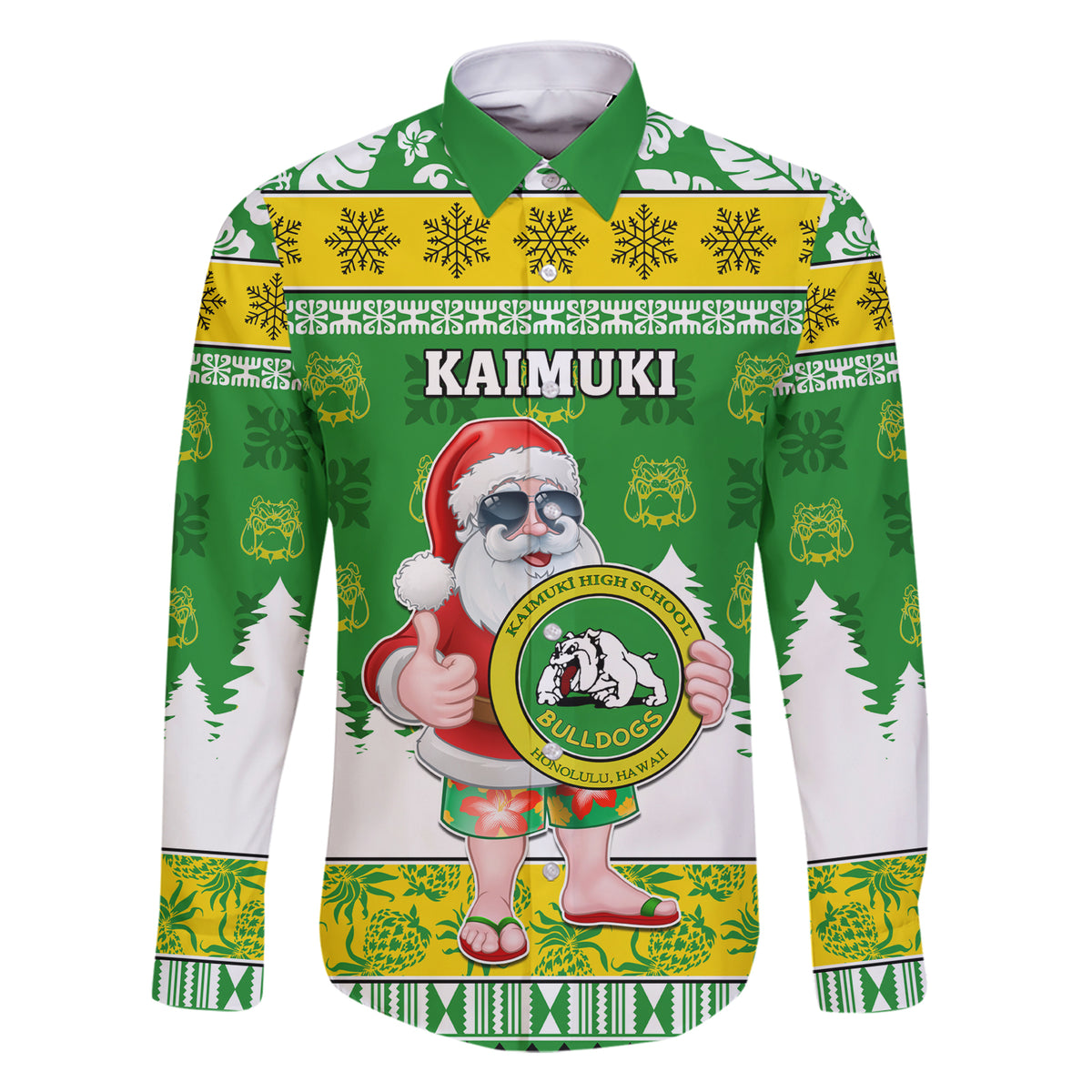 Custom Hawaii Kaimuki High School Christmas Family Matching Short Sleeve Bodycon Dress and Hawaiian Shirt Tropical Santa Claus LT05 Dad's Shirt - Long Sleeve Green - Polynesian Pride