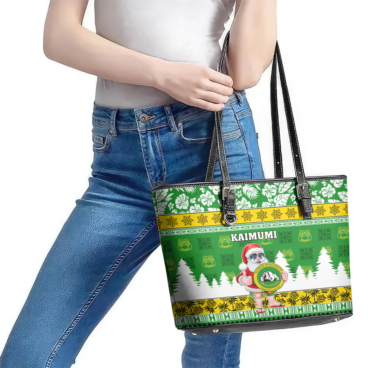 Custom Hawaii Kaimuki High School Christmas Leather Tote Bag Tropical Santa Claus LT05 - Polynesian Pride