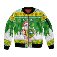 Custom Hawaii Kaimuki High School Christmas Sleeve Zip Bomber Jacket Tropical Santa Claus LT05 Unisex Green - Polynesian Pride