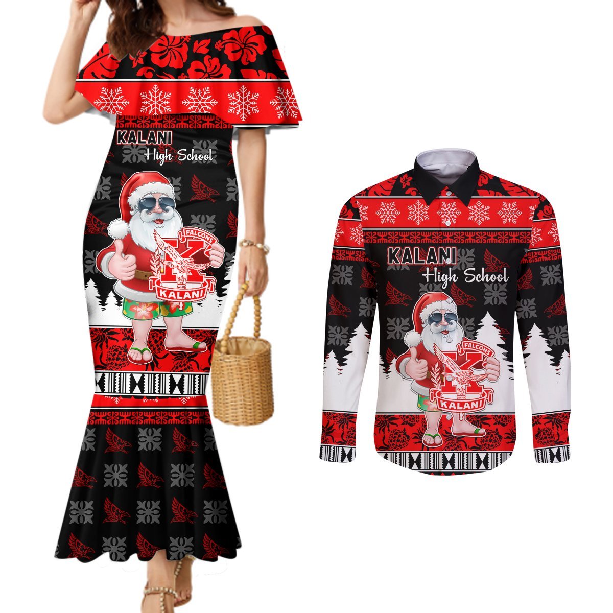 Custom Hawaii Kalani High School Christmas Couples Matching Mermaid Dress and Long Sleeve Button Shirt Tropical Santa Claus LT05 Red - Polynesian Pride
