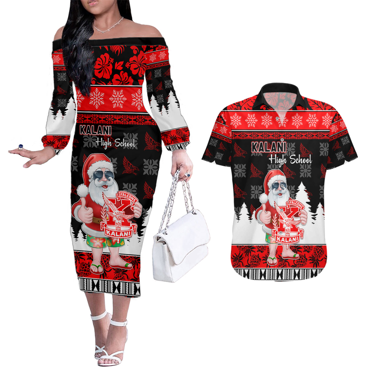 Custom Hawaii Kalani High School Christmas Couples Matching Off The Shoulder Long Sleeve Dress and Hawaiian Shirt Tropical Santa Claus LT05 Red - Polynesian Pride
