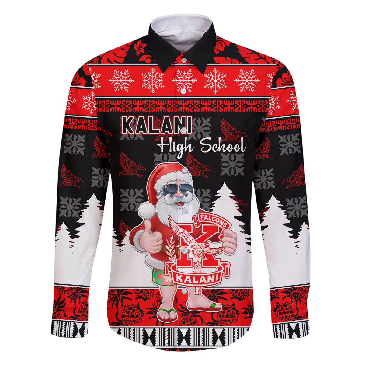 Custom Hawaii Kalani High School Christmas Family Matching Long Sleeve Bodycon Dress and Hawaiian Shirt Tropical Santa Claus LT05 Dad's Shirt - Long Sleeve Red - Polynesian Pride