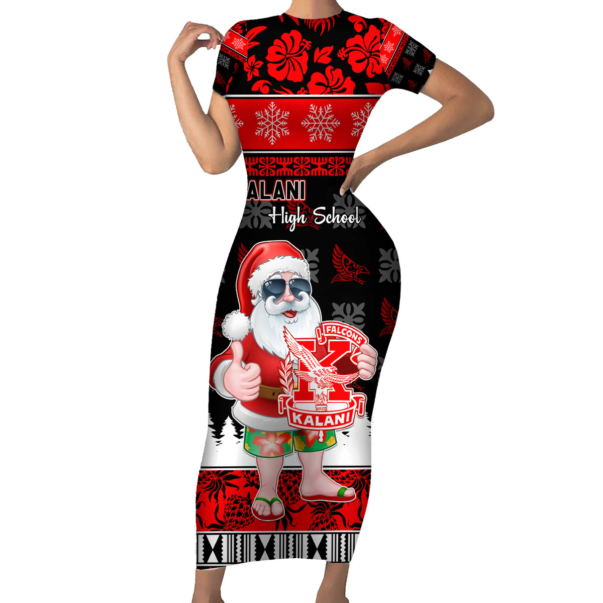 Custom Hawaii Kalani High School Christmas Family Matching Short Sleeve Bodycon Dress and Hawaiian Shirt Tropical Santa Claus LT05 Mom's Dress Red - Polynesian Pride