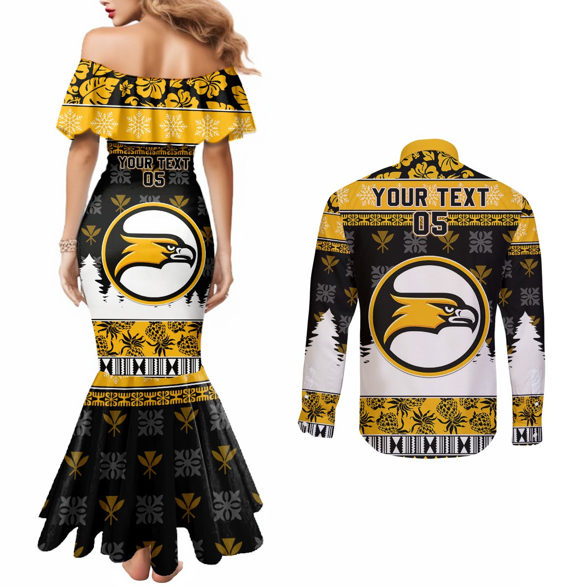 Custom Hawaii Nanakuli High and Intermediate School Christmas Couples Matching Mermaid Dress and Long Sleeve Button Shirt Tropical Santa Claus LT05 - Polynesian Pride