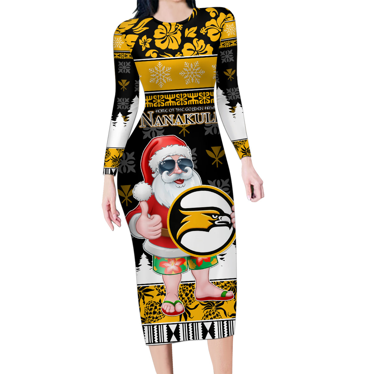 Custom Hawaii Nanakuli High and Intermediate School Christmas Family Matching Long Sleeve Bodycon Dress and Hawaiian Shirt Tropical Santa Claus LT05 Mom's Dress Yellow - Polynesian Pride