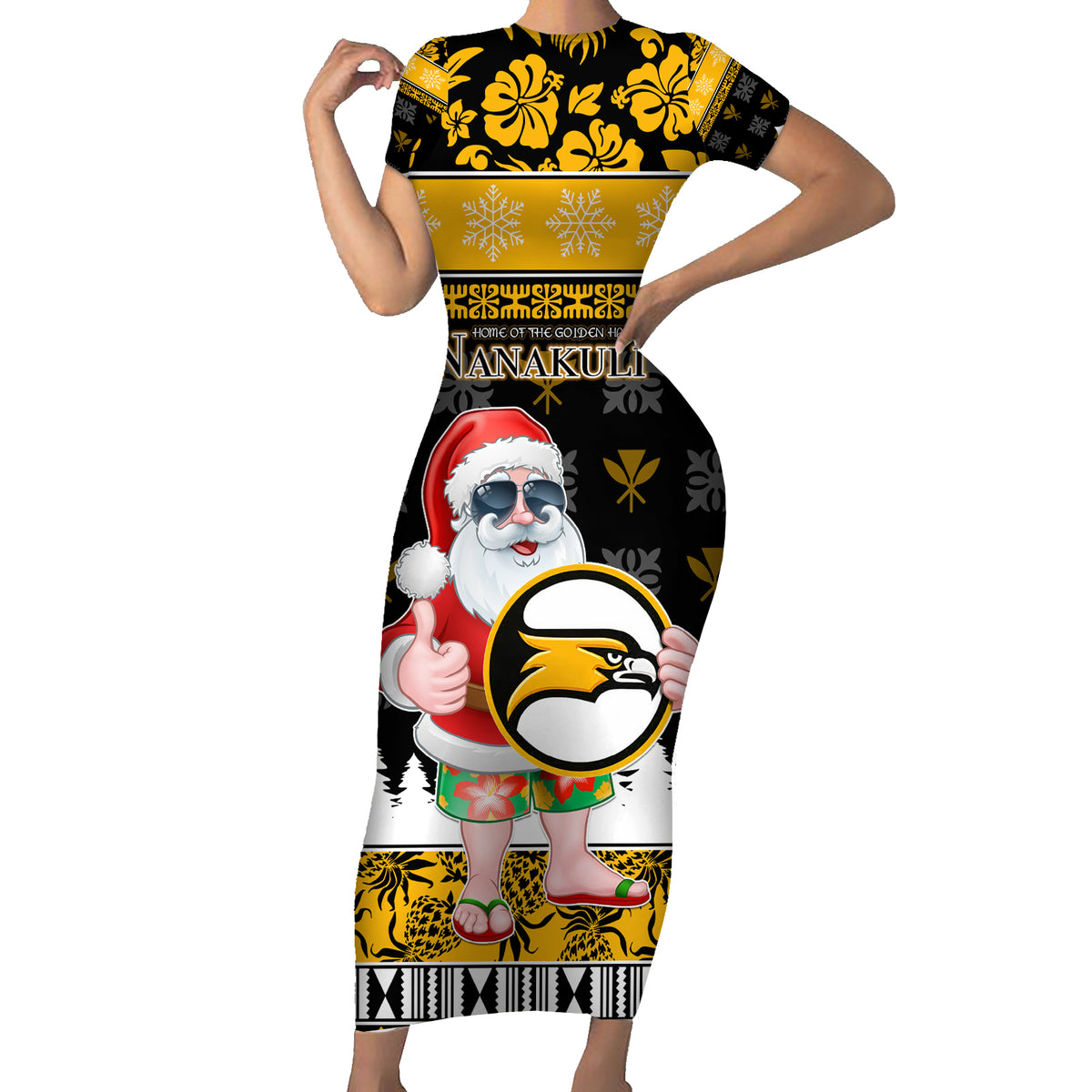 Custom Hawaii Nanakuli High and Intermediate School Christmas Family Matching Short Sleeve Bodycon Dress and Hawaiian Shirt Tropical Santa Claus LT05 Mom's Dress Yellow - Polynesian Pride
