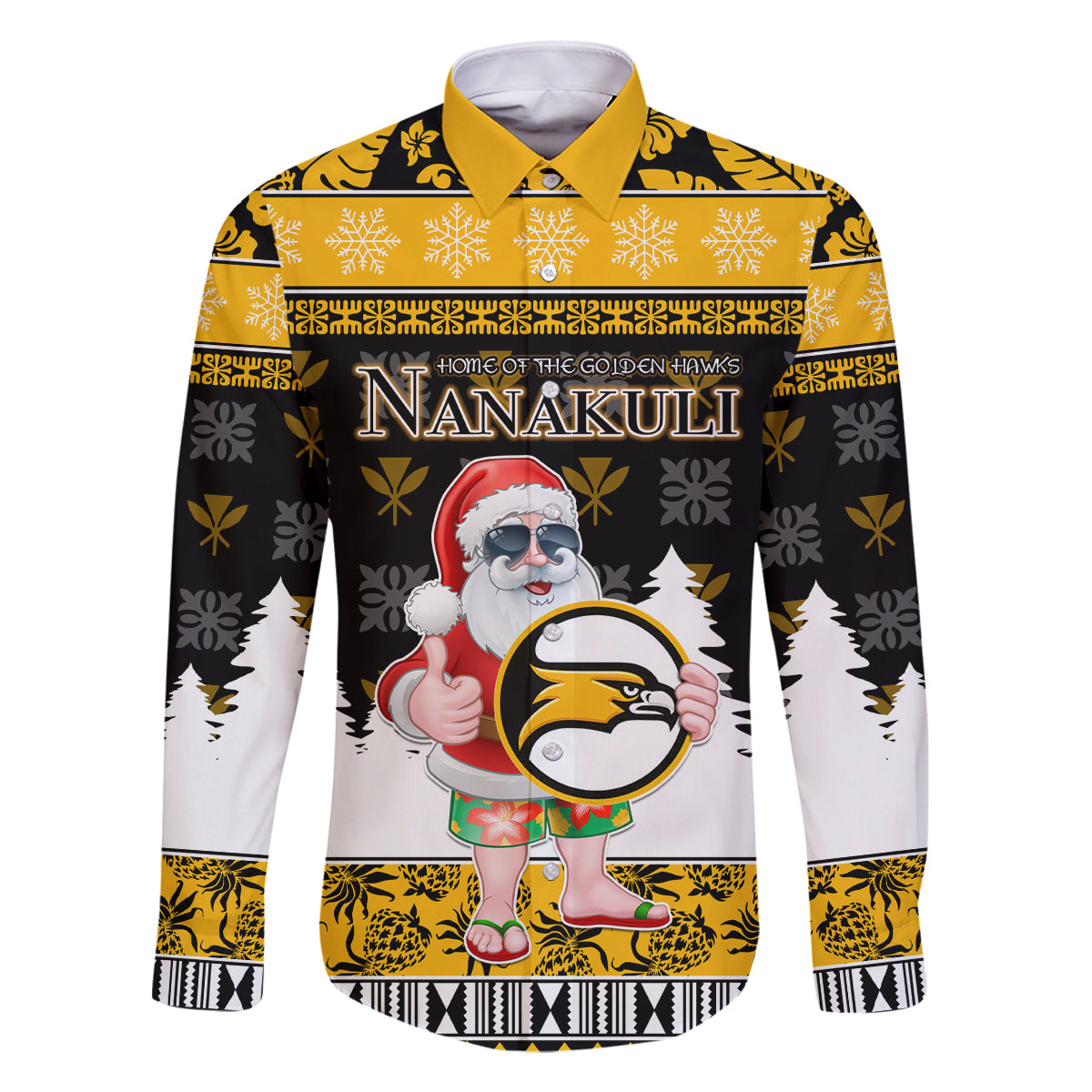 Custom Hawaii Nanakuli High and Intermediate School Christmas Family Matching Tank Maxi Dress and Hawaiian Shirt Tropical Santa Claus LT05 Dad's Shirt - Long Sleeve Yellow - Polynesian Pride