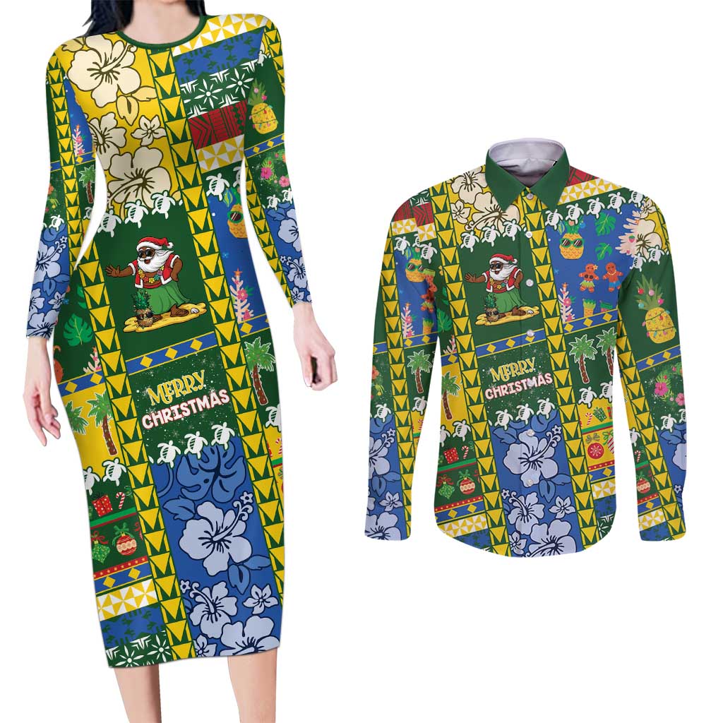 Solomon Islands Christmas Couples Matching Long Sleeve Bodycon Dress and Long Sleeve Button Shirt Festive Beach Vibes - Polynesian Pride