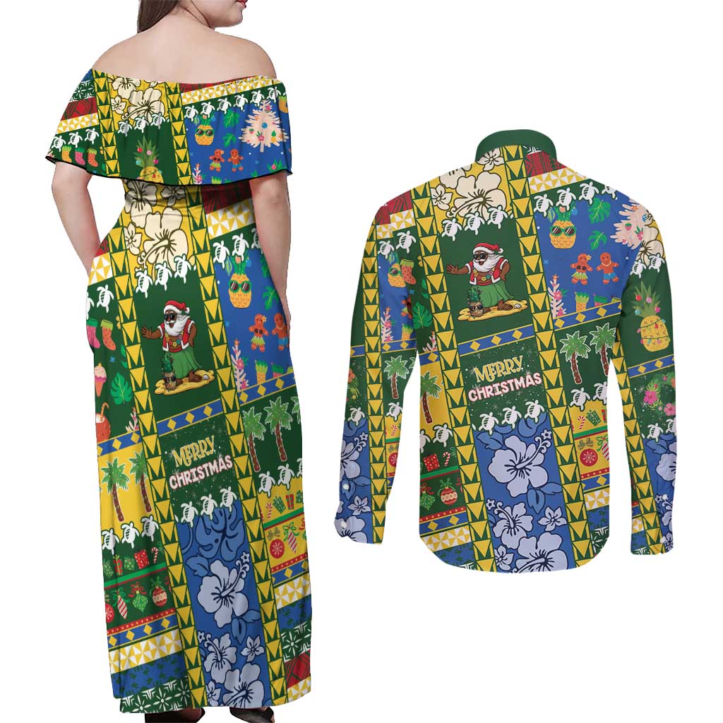 Solomon Islands Christmas Couples Matching Off Shoulder Maxi Dress and Long Sleeve Button Shirt Festive Beach Vibes - Polynesian Pride