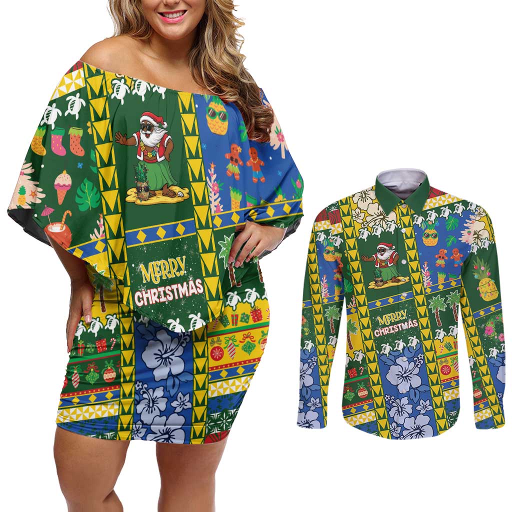 Solomon Islands Christmas Couples Matching Off Shoulder Short Dress and Long Sleeve Button Shirt Festive Beach Vibes - Polynesian Pride
