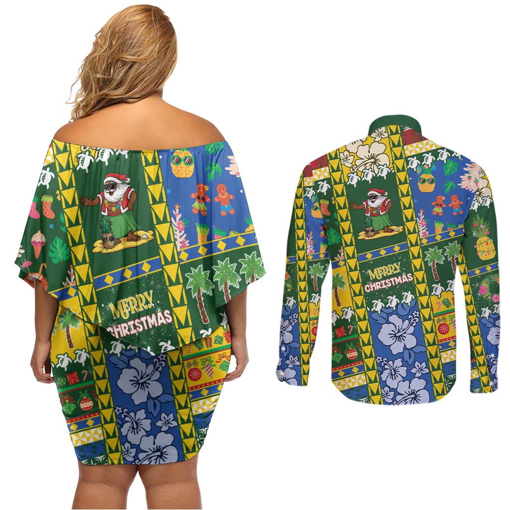 Solomon Islands Christmas Couples Matching Off Shoulder Short Dress and Long Sleeve Button Shirt Festive Beach Vibes - Polynesian Pride