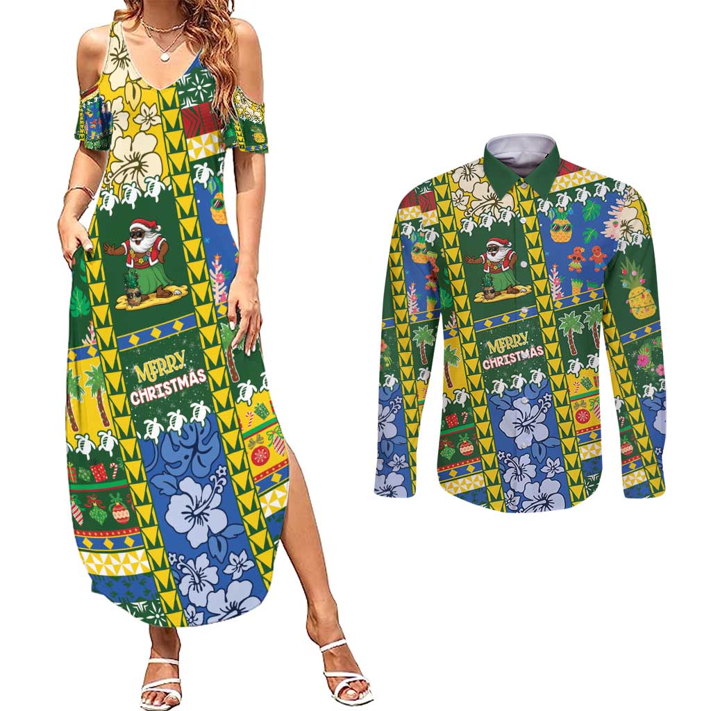 Solomon Islands Christmas Couples Matching Summer Maxi Dress and Long Sleeve Button Shirt Festive Beach Vibes - Polynesian Pride