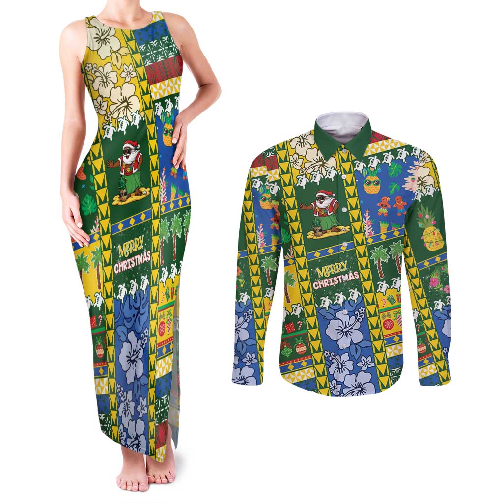 Solomon Islands Christmas Couples Matching Tank Maxi Dress and Long Sleeve Button Shirt Festive Beach Vibes - Polynesian Pride