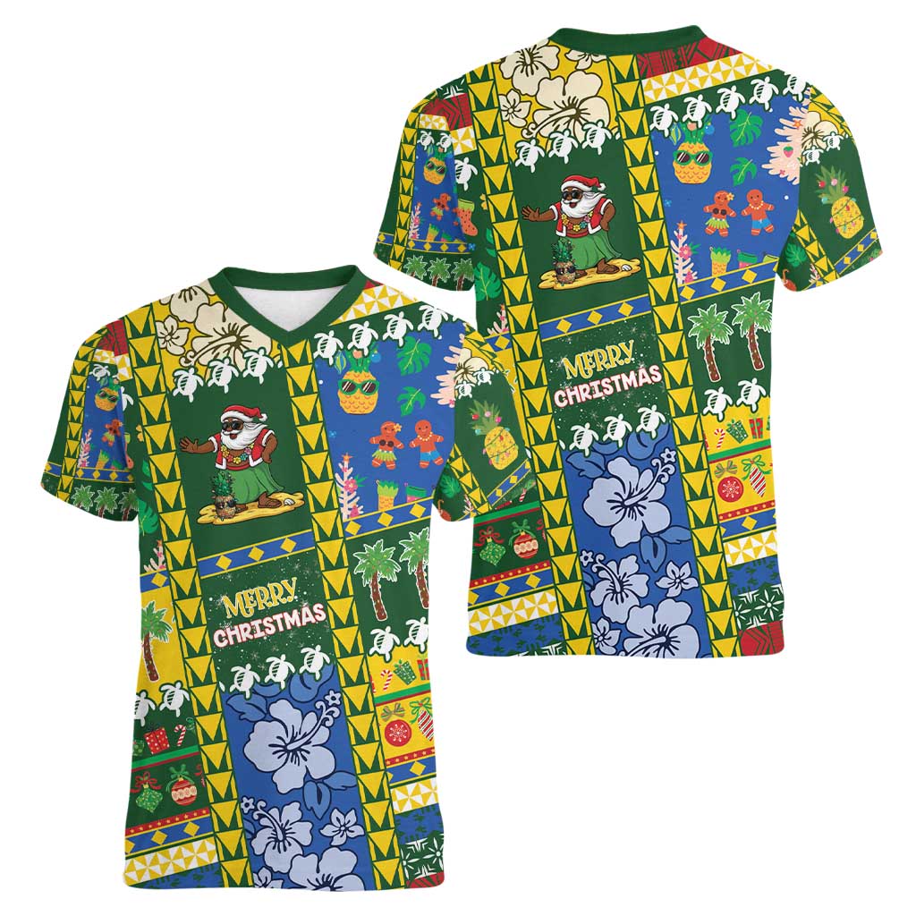 Solomon Islands Christmas Women V-Neck T-Shirt Festive Beach Vibes - Polynesian Pride