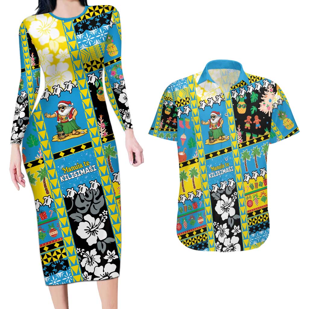 Tuvalu Christmas Couples Matching Long Sleeve Bodycon Dress and Hawaiian Shirt Festive Beach Vibes - Polynesian Pride