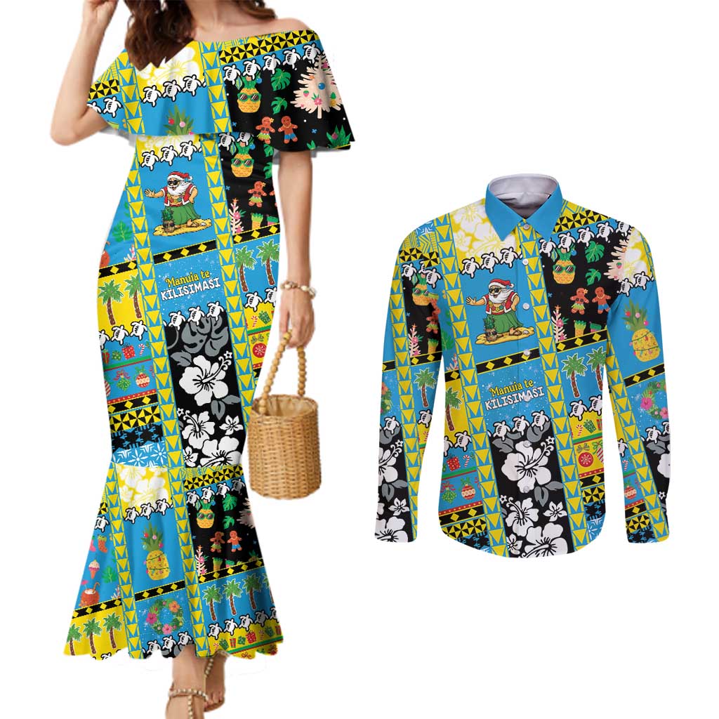 Tuvalu Christmas Couples Matching Mermaid Dress and Long Sleeve Button Shirt Festive Beach Vibes - Polynesian Pride