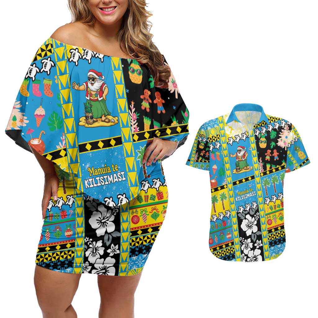 Tuvalu Christmas Couples Matching Off Shoulder Short Dress and Hawaiian Shirt Festive Beach Vibes - Polynesian Pride