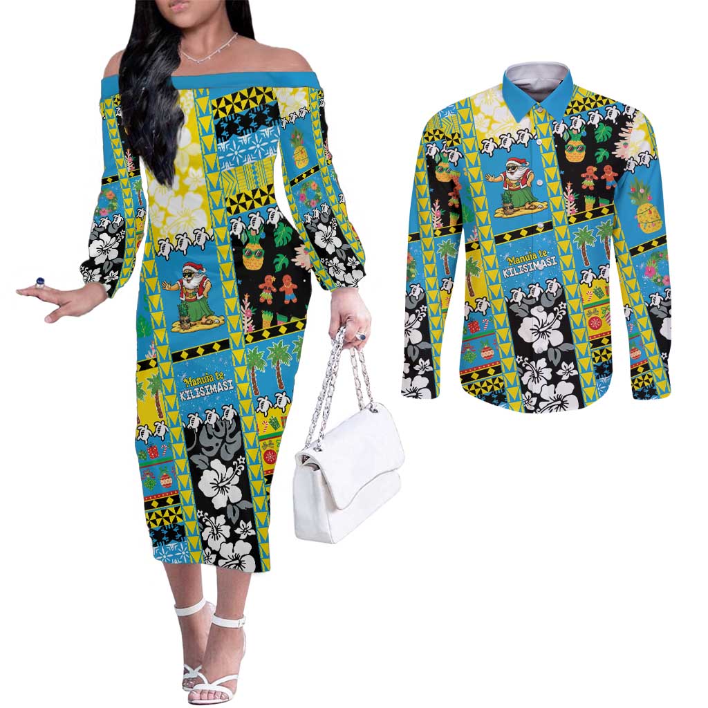 Tuvalu Christmas Couples Matching Off The Shoulder Long Sleeve Dress and Long Sleeve Button Shirt Festive Beach Vibes - Polynesian Pride