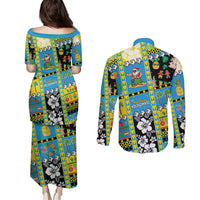Tuvalu Christmas Couples Matching Puletasi and Long Sleeve Button Shirt Festive Beach Vibes - Polynesian Pride