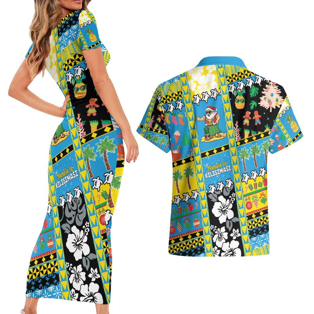Tuvalu Christmas Couples Matching Short Sleeve Bodycon Dress and Hawaiian Shirt Festive Beach Vibes - Polynesian Pride