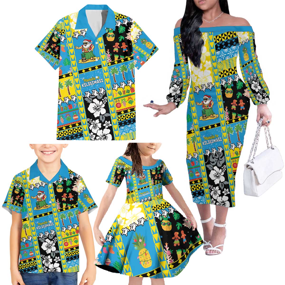 Tuvalu Christmas Family Matching Off The Shoulder Long Sleeve Dress and Hawaiian Shirt Festive Beach Vibes - Polynesian Pride
