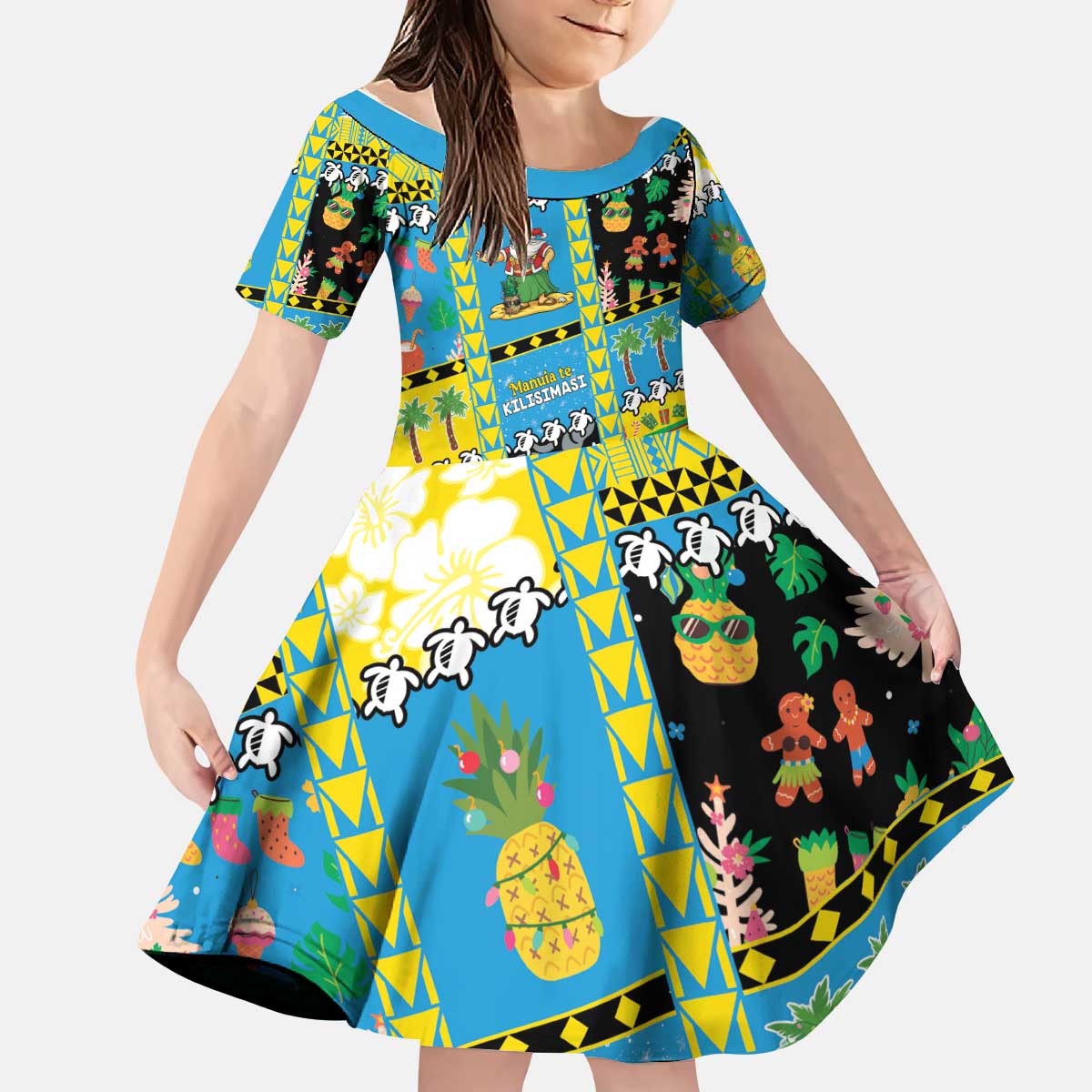 Tuvalu Christmas Kid Short Sleeve Dress Festive Beach Vibes - Polynesian Pride