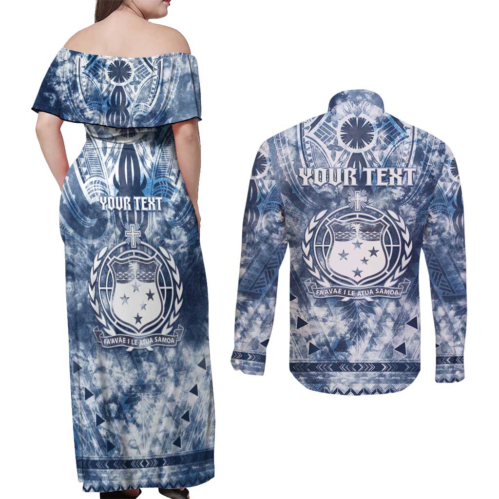Samoa 685 Couples Matching Off Shoulder Maxi Dress and Long Sleeve Button Shirt Polynesian Pattern Tie Dye Style