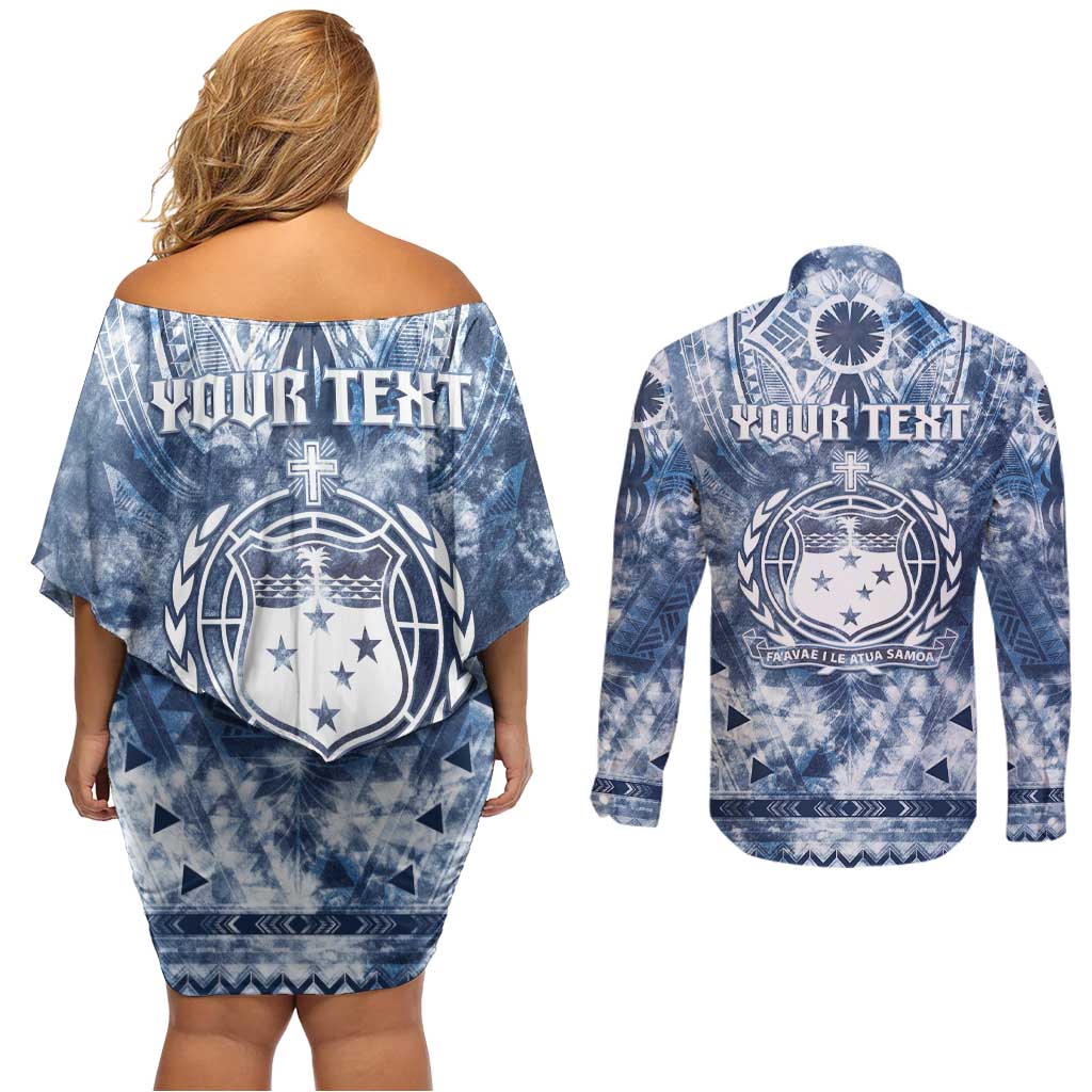 Samoa 685 Couples Matching Off Shoulder Short Dress and Long Sleeve Button Shirt Polynesian Pattern Tie Dye Style