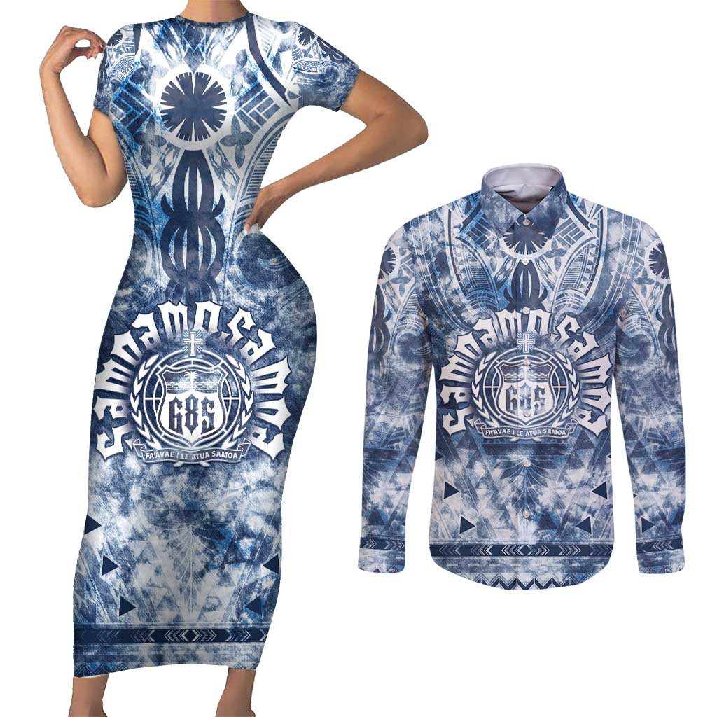 Samoa 685 Couples Matching Short Sleeve Bodycon Dress and Long Sleeve Button Shirt Polynesian Pattern Tie Dye Style