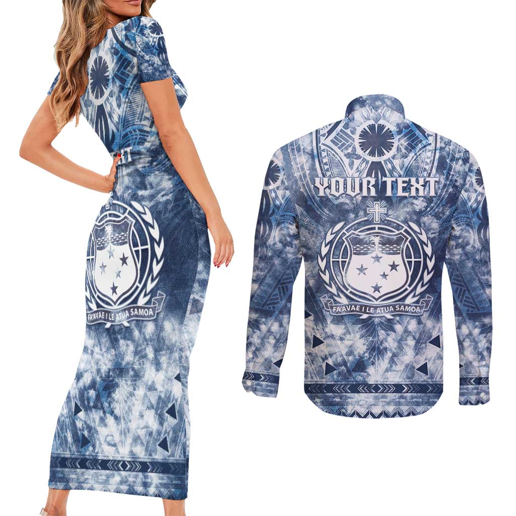 Samoa 685 Couples Matching Short Sleeve Bodycon Dress and Long Sleeve Button Shirt Polynesian Pattern Tie Dye Style