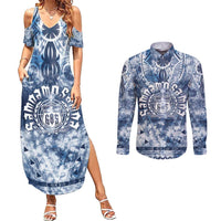 Samoa 685 Couples Matching Summer Maxi Dress and Long Sleeve Button Shirt Polynesian Pattern Tie Dye Style