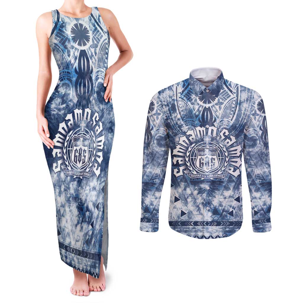 Samoa 685 Couples Matching Tank Maxi Dress and Long Sleeve Button Shirt Polynesian Pattern Tie Dye Style