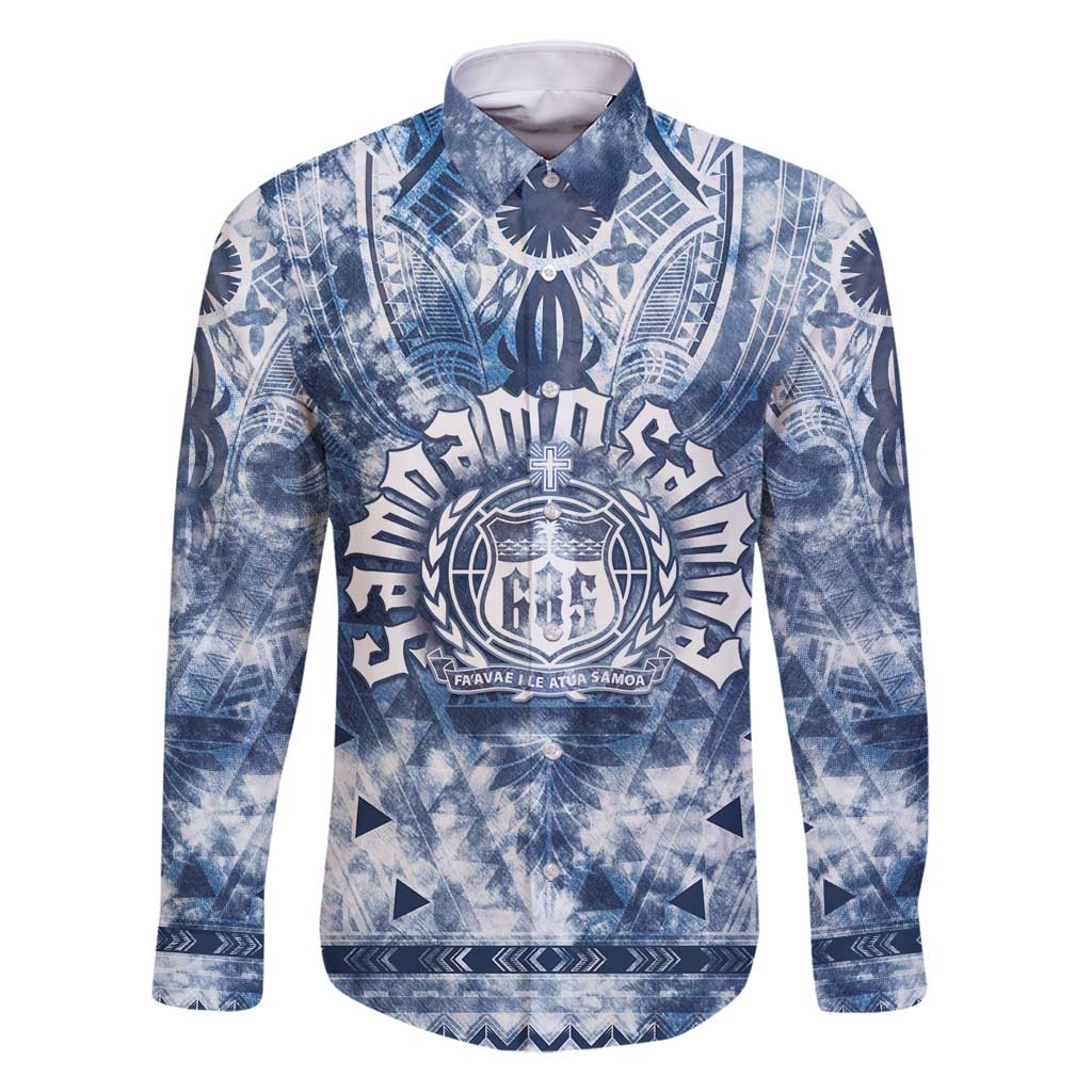 Samoa 685 Family Matching Off Shoulder Short Dress and Hawaiian Shirt Polynesian Pattern Tie Dye Style LT05 Dad's Shirt - Long Sleeve Blue - Polynesian Pride