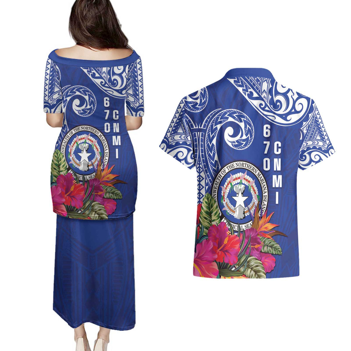 Hafa Adai Northern Mariana Islands Couples Matching Puletasi and Hawaiian Shirt Polynesian Tribal Pattern