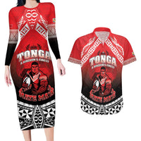 Custom Rugby Tonga MMT Couples Matching Long Sleeve Bodycon Dress and Hawaiian Shirt Mana O Tonga LT05 Red - Polynesian Pride
