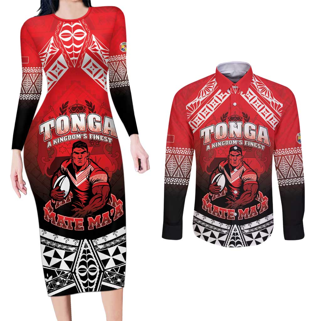 Custom Rugby Tonga MMT Couples Matching Long Sleeve Bodycon Dress and Long Sleeve Button Shirt Mana O Tonga LT05 Red - Polynesian Pride