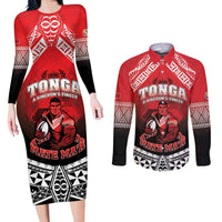Custom Rugby Tonga MMT Couples Matching Long Sleeve Bodycon Dress and Long Sleeve Button Shirt Mana O Tonga LT05 Red - Polynesian Pride