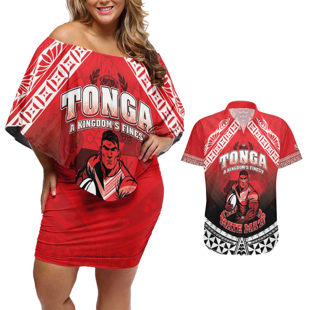 Custom Rugby Tonga MMT Couples Matching Off Shoulder Short Dress and Hawaiian Shirt Mana O Tonga LT05 Red - Polynesian Pride