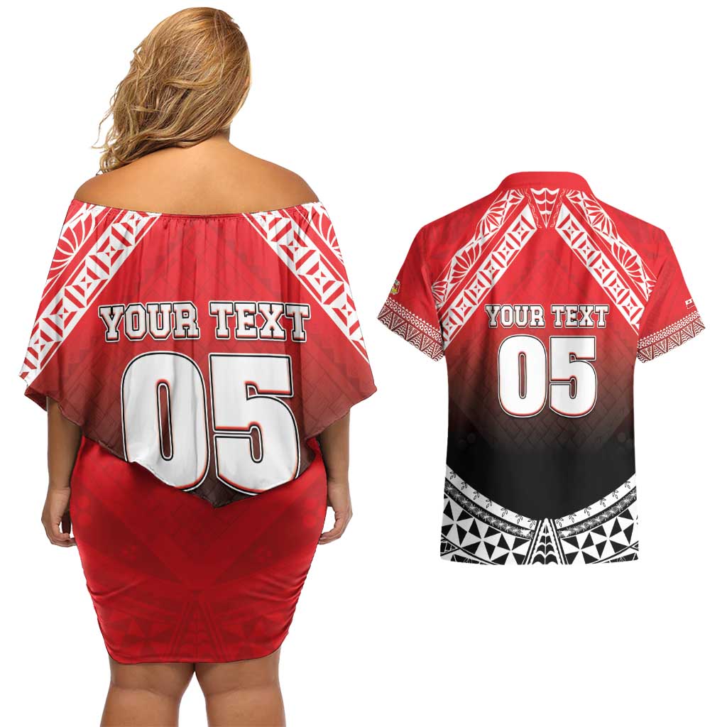 Custom Rugby Tonga MMT Couples Matching Off Shoulder Short Dress and Hawaiian Shirt Mana O Tonga LT05 - Polynesian Pride