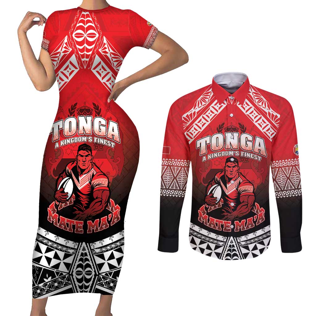 Custom Rugby Tonga MMT Couples Matching Short Sleeve Bodycon Dress and Long Sleeve Button Shirt Mana O Tonga LT05 Red - Polynesian Pride