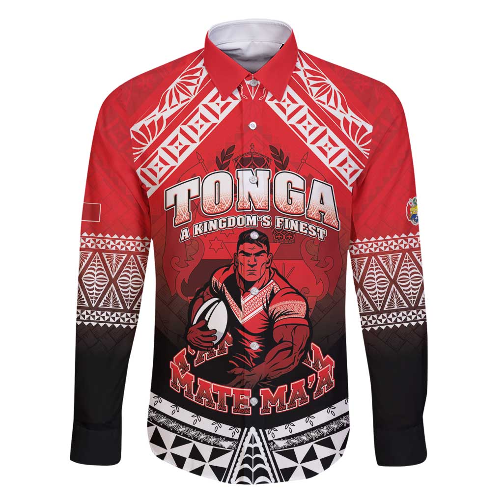 Custom Rugby Tonga MMT Family Matching Mermaid Dress and Hawaiian Shirt Mana O Tonga LT05 Dad's Shirt - Long Sleeve Red - Polynesian Pride