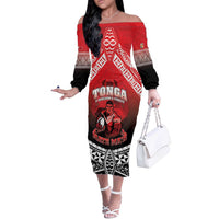 Custom Rugby Tonga MMT Off The Shoulder Long Sleeve Dress Mana O Tonga LT05 Women Red - Polynesian Pride