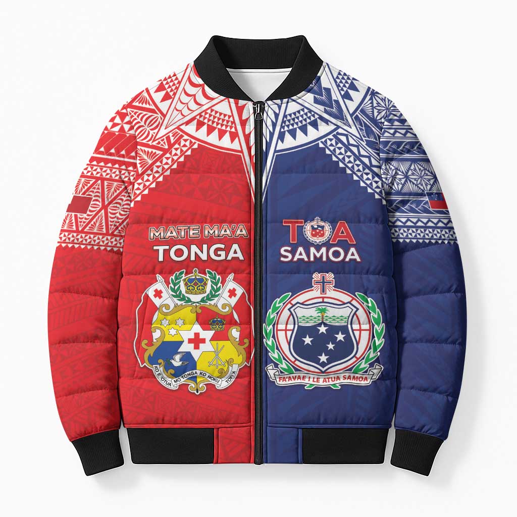 Custom Rugby Samoa And Tonga Bomber Puffer Jacket Toa Samoa With Mate Maa LT05 Unisex Multicolor - Polynesian Pride
