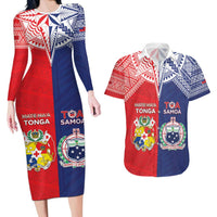 Custom Rugby Samoa And Tonga Couples Matching Long Sleeve Bodycon Dress and Hawaiian Shirt Toa Samoa With Mate Maa LT05 Multicolor - Polynesian Pride