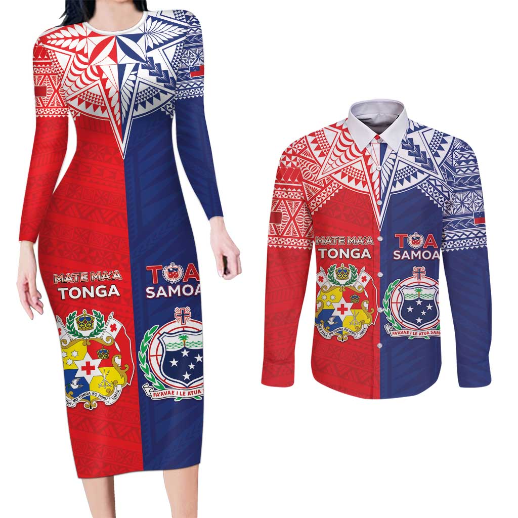 Custom Rugby Samoa And Tonga Couples Matching Long Sleeve Bodycon Dress and Long Sleeve Button Shirt Toa Samoa With Mate Maa LT05 Multicolor - Polynesian Pride