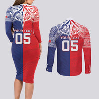 Custom Rugby Samoa And Tonga Couples Matching Long Sleeve Bodycon Dress and Long Sleeve Button Shirt Toa Samoa With Mate Maa LT05 - Polynesian Pride